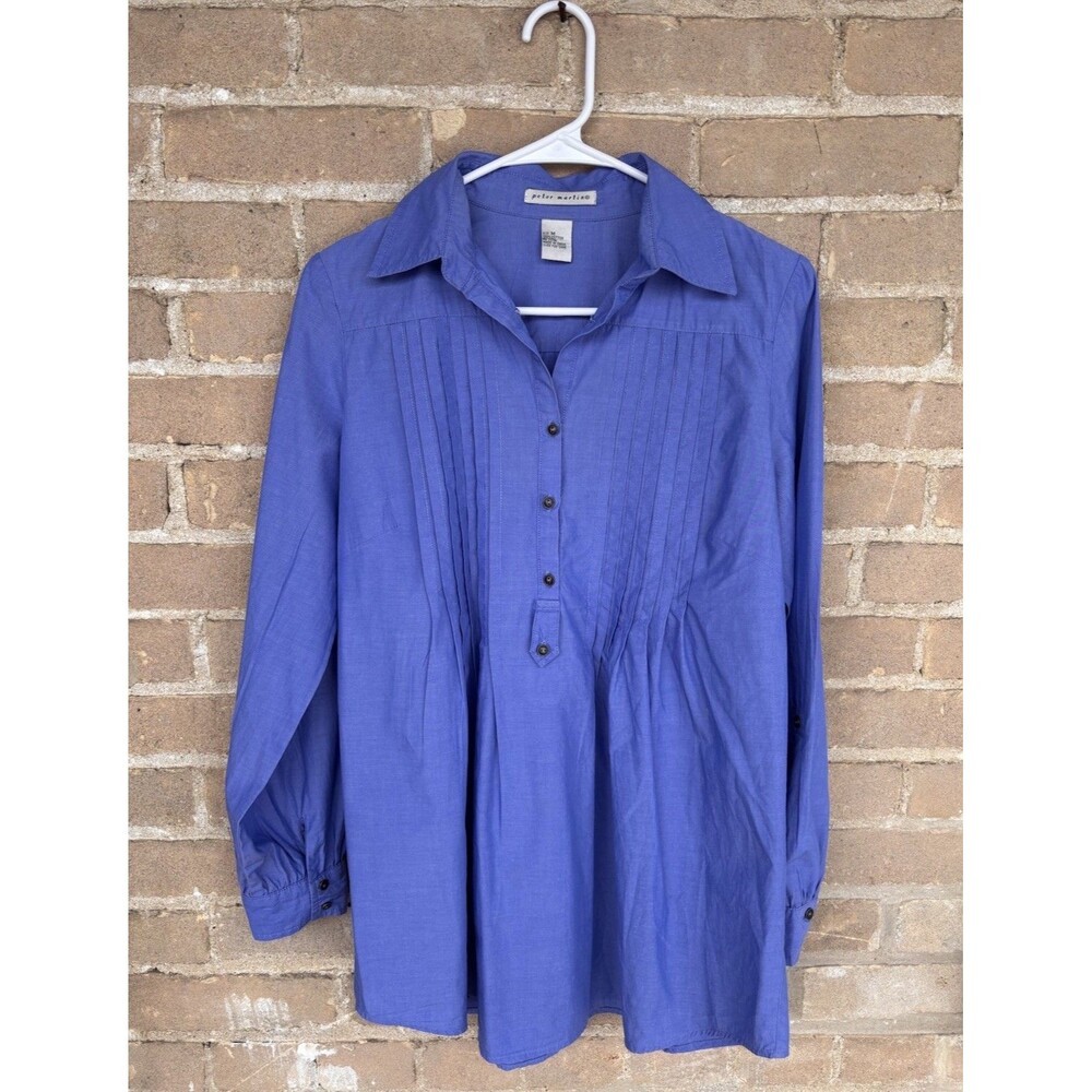Peter Martin Women's Blue Cotton Pleated Button-Up Long Sleeve Top - Size Medium
